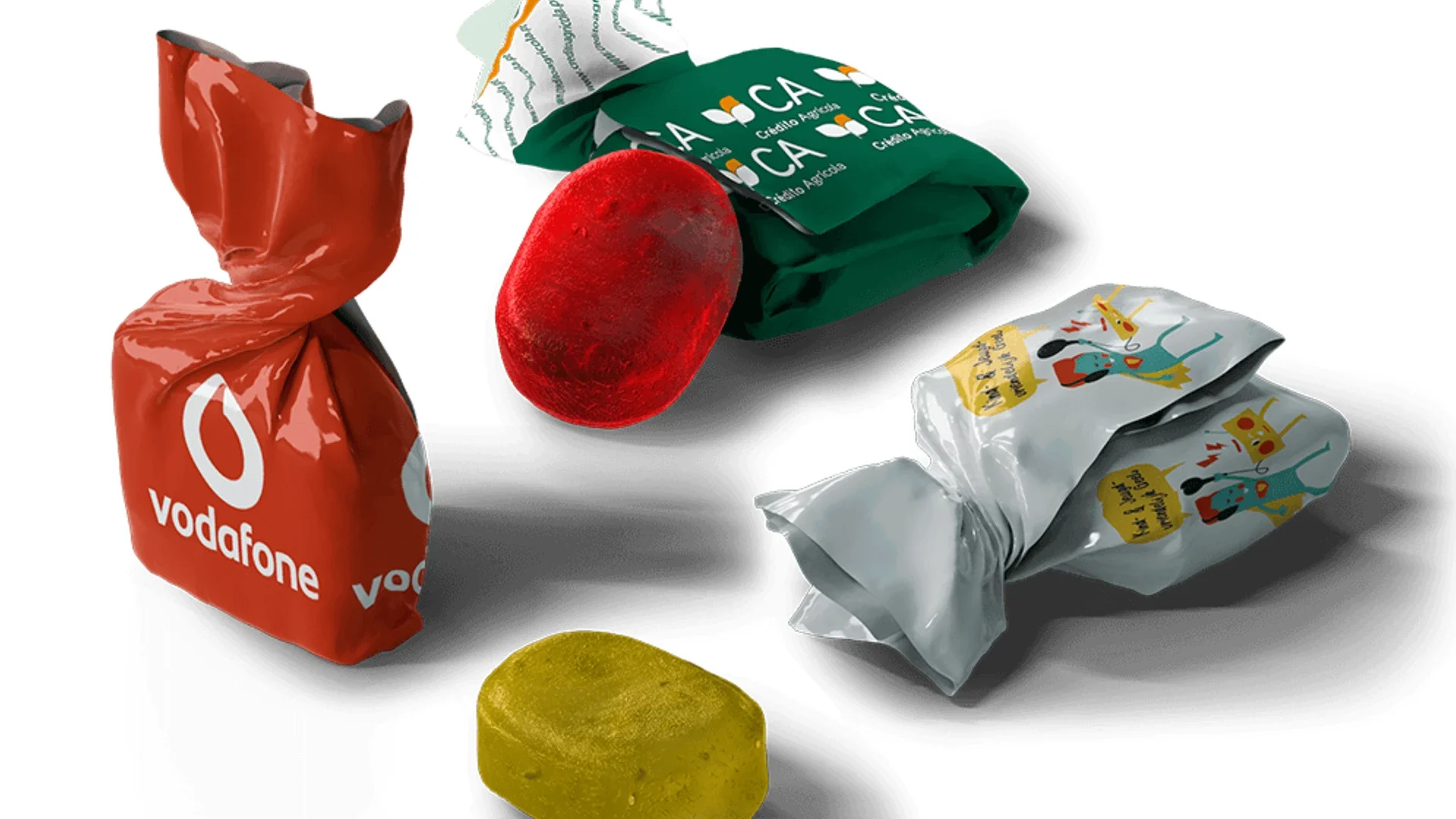 Diferentes tipos de caramelos personalizados con logotipos de empresas enfocados para su uso en cabalgatas y espectáculos