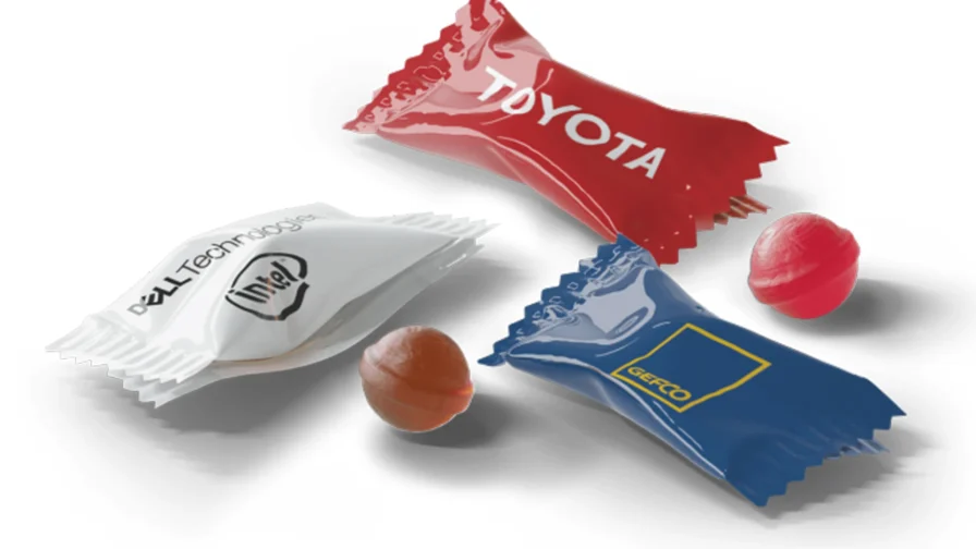 Diferentes tipos de caramelos con logotipos de empresas enfocados para su uso en ferias, congresos y eventos