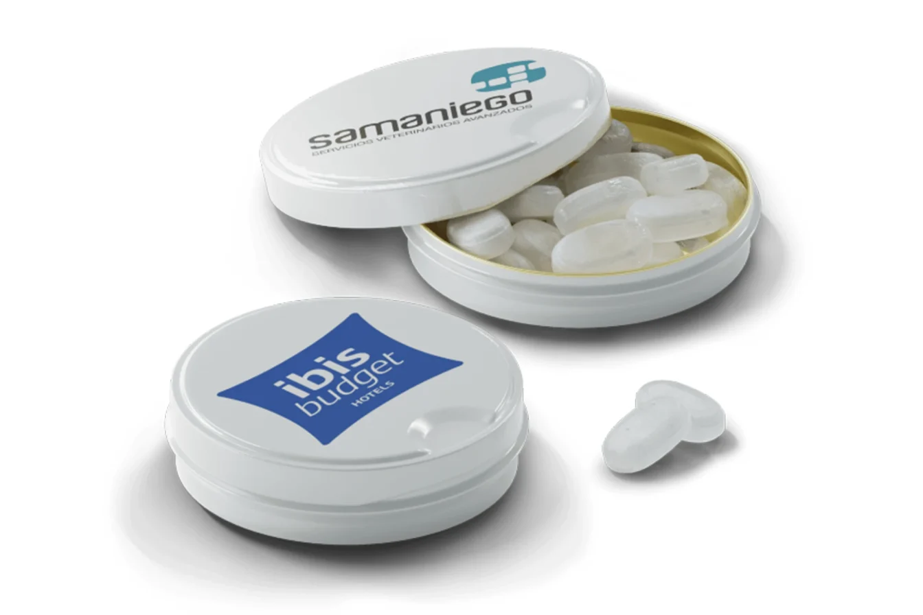 Cajita metélica de caramelos personalizada con el logotipo de una empresa
